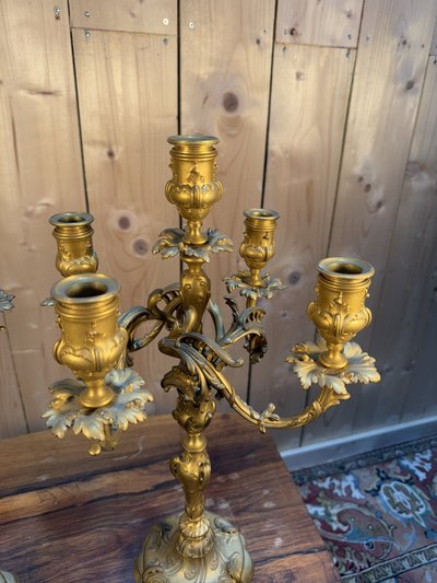 Pair of Louis XV style candelabra in gilded bronze signed Ferdinand Barbedienne