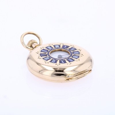 Gelbgoldene Anhängeruhr mit blauen Emailleziffern