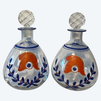 Pair of glass decanters. Revolutionary enamel decoration. Phrygian cap. Jean-Luce