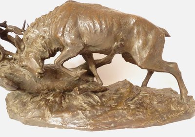 Grande sculpture bronze Ernest Dagonet Combat Cerfs sculpteur animalier 19è