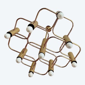 Gaetano SCIOLARI (1927-1994) Chandelier in gilded brass with nine cylindrical lights in tubes