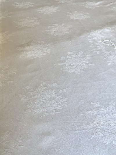 Tovaglia e i suoi 12 asciugamani in lino damascato - Monogramma H L - XIX secolo
