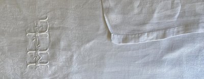Tovaglia e i suoi 12 asciugamani in lino damascato - Monogramma H L - XIX secolo