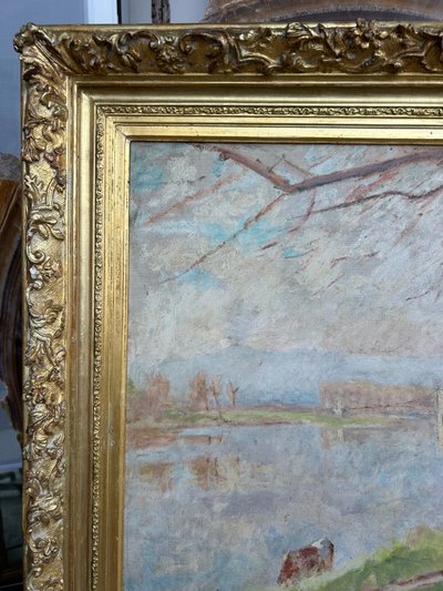 Pierre Eugène MONTEZIN (1874-1946) huile sur carton - paysage lacustre 