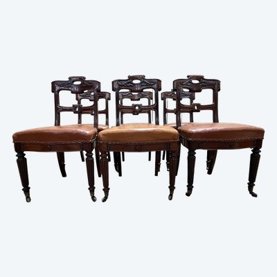 Suite di 6 sedie d'epoca Napoleone III in mogano e pelle
