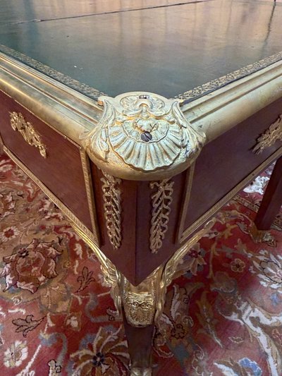 Scrivania piatta stile Impero DOPPIA in mogano e pelle verde