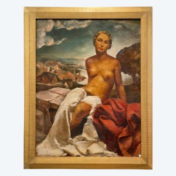 « Nu au bord de la mer », Huile sur toile de G. Capone, 1938, Art Déco