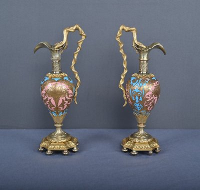 Pair of Bronze & Cloisonné Enamel Ewers, Napoleon III Period – Mid-19th Century