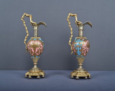Pair of Bronze & Cloisonné Enamel Ewers, Napoleon III Period – Mid-19th Century