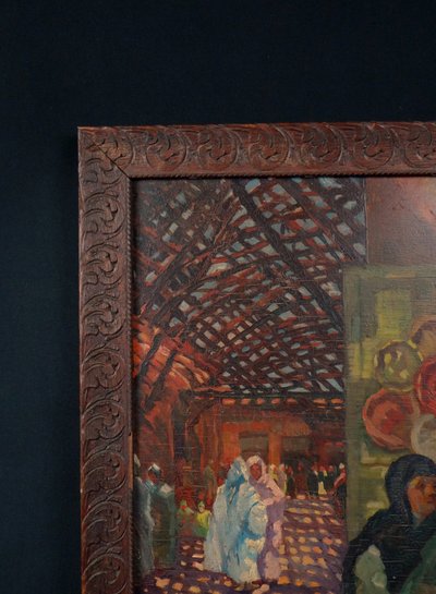 "The Souk," oil on panel, Orientalist style, signed E. Feher, dated 1935