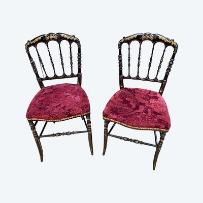Paar Stühle Napoleon III, schwarz lackiertes und goldfarben runderneuertes Holz