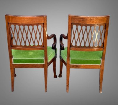 PAIR OF EMPIRE STYLE MAHOGANY ARMCHAIRS WITH WELL-UPHOLSTERED OPENWORK BACKS