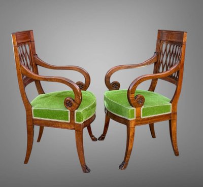 PAIR OF EMPIRE STYLE MAHOGANY ARMCHAIRS WITH WELL-UPHOLSTERED OPENWORK BACKS