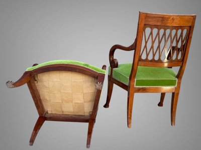 PAIR OF EMPIRE STYLE MAHOGANY ARMCHAIRS WITH WELL-UPHOLSTERED OPENWORK BACKS