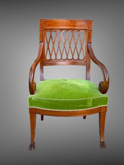 PAIR OF EMPIRE STYLE MAHOGANY ARMCHAIRS WITH WELL-UPHOLSTERED OPENWORK BACKS