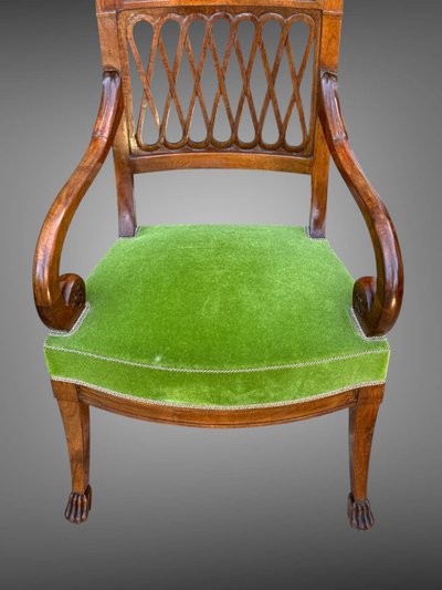 PAIR OF EMPIRE STYLE MAHOGANY ARMCHAIRS WITH WELL-UPHOLSTERED OPENWORK BACKS