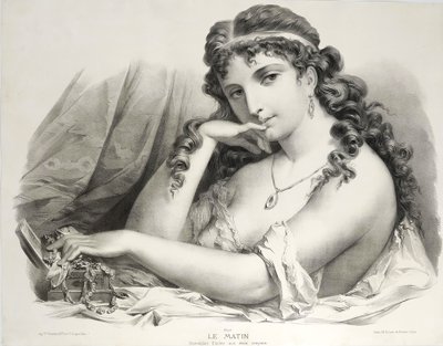 Large Lithograph Portrait Of A Lady The Morning 19th Century Old Print
