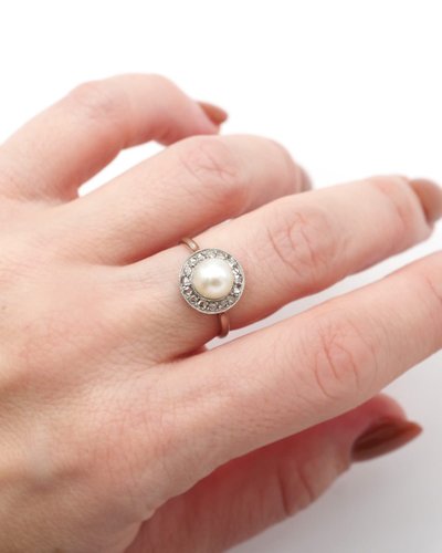 Bague diamants perle fine Art Deco en or 18k blanc, bague circulaire, bague ancienne