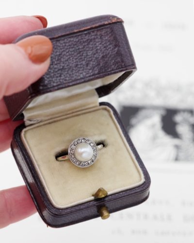 Bague diamants perle fine Art Deco en or 18k blanc, bague circulaire, bague ancienne