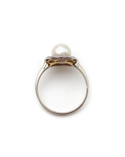 Bague diamants perle fine Art Deco en or 18k blanc, bague circulaire, bague ancienne