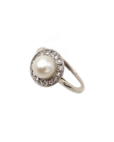 Bague diamants perle fine Art Deco en or 18k blanc, bague circulaire, bague ancienne