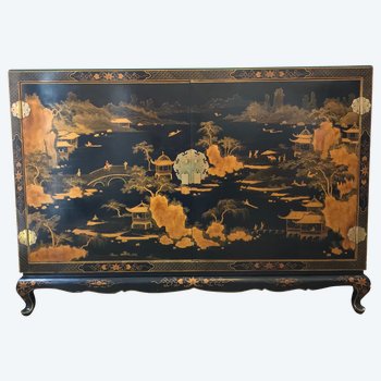 Buffet in argento 1960 in lacca nera e oro in stile cinese