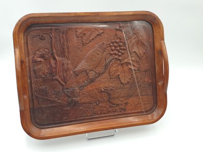 Service tray in carved wood - Birds picking grapes - Signed BOUTILLON