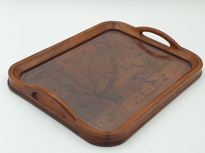 Service tray in carved wood - Birds picking grapes - Signed BOUTILLON
