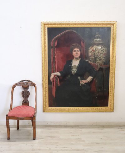 Grande dipinto a olio su tela, Ritratto di una signora, firmato e datato 1913