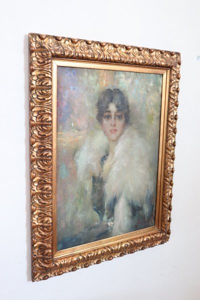 Oil Painting on Canvas, Portrait of a Young Woman, Italy Signed and dated 1917