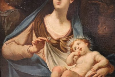 Sacra Famiglia, dipinto a olio su tela, scuola italiana del XVIII secolo