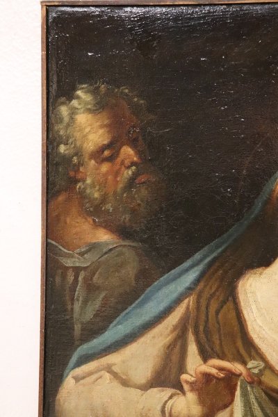 Sacra Famiglia, dipinto a olio su tela, scuola italiana del XVIII secolo