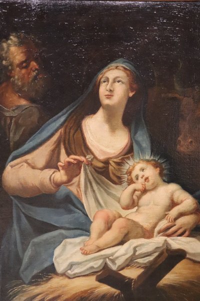 Sacra Famiglia, dipinto a olio su tela, scuola italiana del XVIII secolo