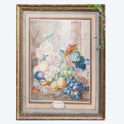 Aquarell von Willem Van Leen (1753-1825) Blumen, Früchte und antike Ruinen.