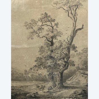 Jean-Baptiste PILLEMENT (1728-1808) - Shepherd at the foot of a tree - Black pencil - Seen by the Cabinet de BAYSER