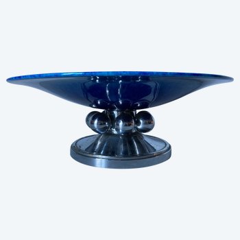 Coupe à fruits Art Déco en céramique bleue et chrome de Paul Milet pour Sèvres - France - 1930