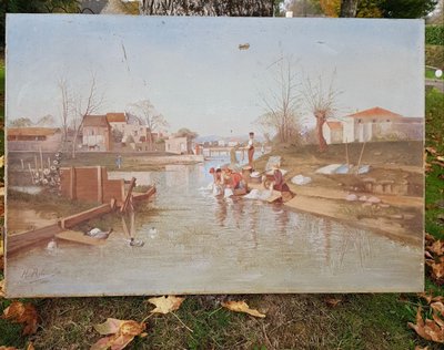 Paire De Tableaux Signés Robitaillie Lavandières Au Bord De Rivières