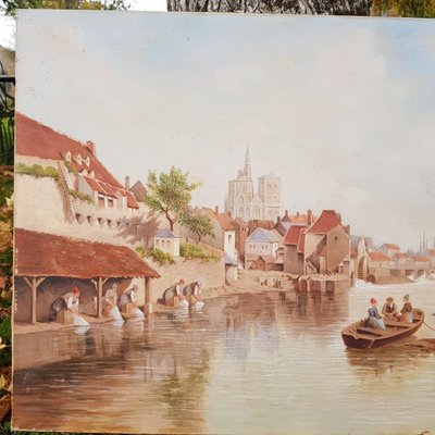 Paire De Tableaux Signés Robitaillie Lavandières Au Bord De Rivières