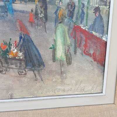 Large painting Le Marché Rue Mouffetard in Paris 5th Arrondissement 1961 Francavilla