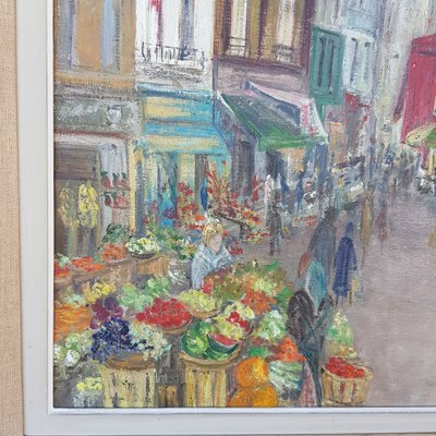 Large painting Le Marché Rue Mouffetard in Paris 5th Arrondissement 1961 Francavilla