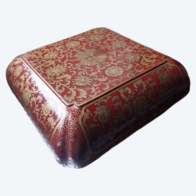 Chinese Box Made of Lacquered Walnut with Lotus Flower Design on a Red Background, China
