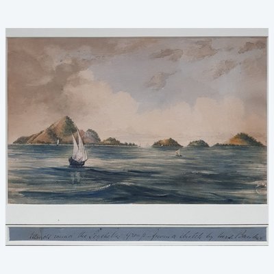 Watercolor of Sailboats Approaching the Seychelles Island Group by Mrs. Barker