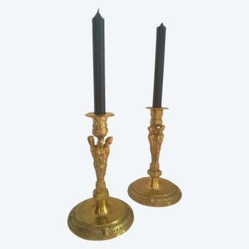 Candlestick - Gilt bronze candlestick, chiseled - 4 caryatids - Good condition