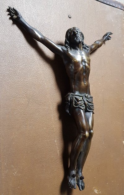 Large 18th Century Bronze Crucifix Living Christ