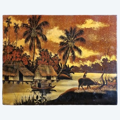 Vietnamese lacquered wooden panel depicting landscapes and scenes of Vietnamese life.