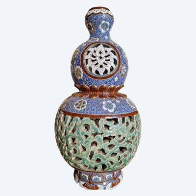 Gom Bien Hoa Vietnam Stoneware Ceramic Lamp Base, Chinese Vase Shape, Double Gourd