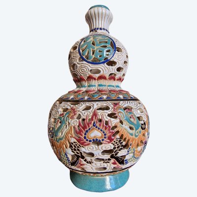 Gom Bien Hoa Vietnam Stoneware Ceramic Lamp Base, Chinese Vase Shape, Double Gourd No. 2
