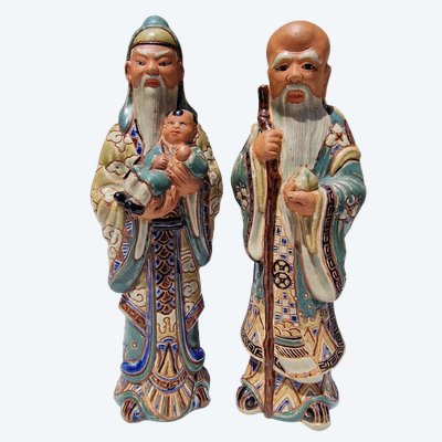 Set of 2 Stoneware Figurines Signed by Bien Hoa, Vietnam, Shou Lao and Fu Xing, Ceramic Pottery