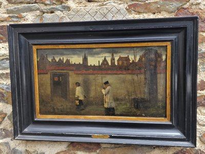 Belgian painting by Aloïs Boudry Scène De Curé Et Son Enfant De Coeur à La Tombée De La Nuit