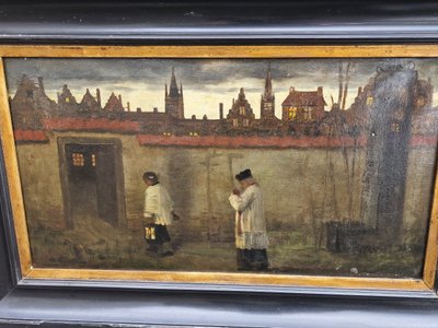 Belgian painting by Aloïs Boudry Scène De Curé Et Son Enfant De Coeur à La Tombée De La Nuit